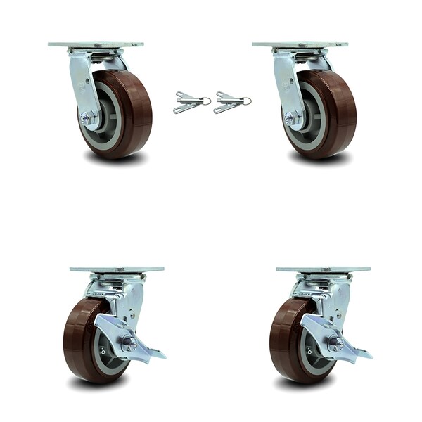 5 Inch Polyurethane Caster Set with Ball Bearings 2 Swivel Lock 2 Brake SCC